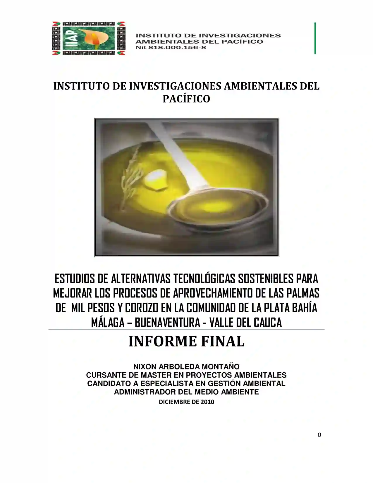 Portada Estudios de alternativas tecnológicas sostenibles para mejorar los procesos de aprovechamiento de las palmas de mil pesos y corozo en la comunidad de la plata Bahía Málaga - Buenaventura - Valle del Cauca